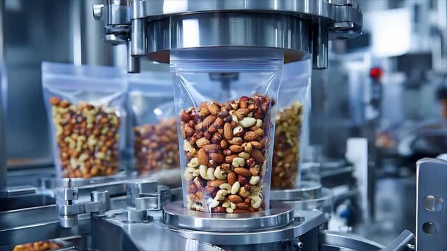 Automated machine sealing pouch of mixed nuts in food factory. Industrial line mechanism packaging snack product for retail market distribution in modern facility.
