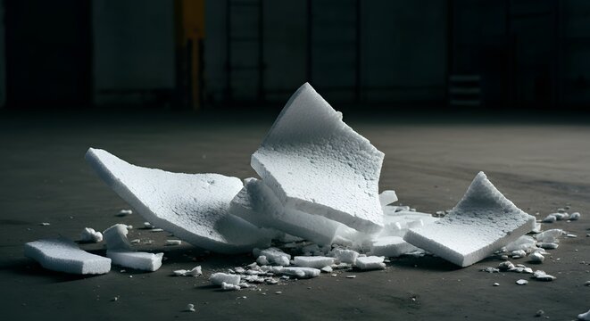 Close up crushed white styrofoam packaging material fragments dark concrete warehouse floor.