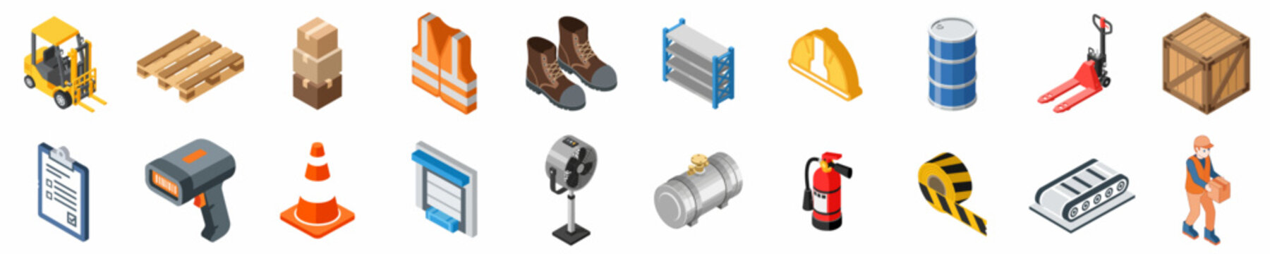 Comprehensive Isometric Icon Set for Warehouse Logistics, Industrial Equipment, and Supply Chain Management featuring Forklift, Worker, Safety Gear, and Storage Solutions.