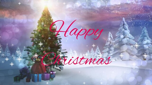 Animation of snowflakes falling over christmas tree and gift icons on winter landscape