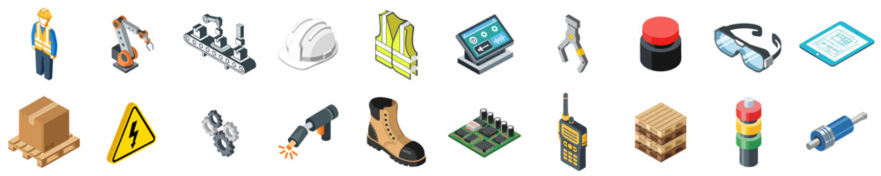 Comprehensive collection of isometric industrial icons featuring factory automation tools, safety equipment, machinery components, and warehouse logistics elements isolated on white background.