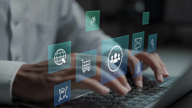 Marketing target audience strategy concept. Person using laptop with analytics and customer icons, audience segmentation, campaign optimization and marketing planning.