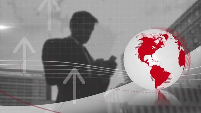 Animation of globe and arrows over caucasian businessman in city