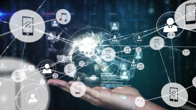 Animation of globe over cropped hand of caucasian woman and connected icons with lens flare