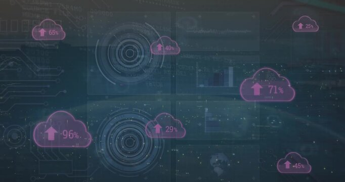 Animation of changing numbers with up arrow in clouds, circles, globe, graph on abstract background