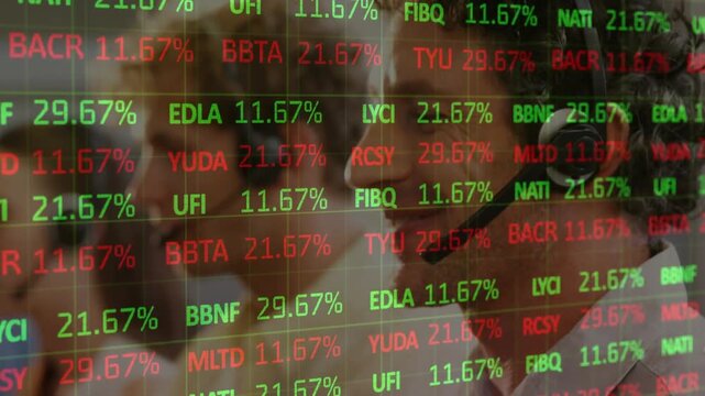 Animation of trading board, caucasian customer representative working on computer wearing headphones