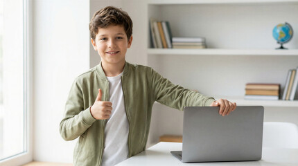 Fototapeta premium Young boy giving a thumbs up gesture while standing next to a laptop on a desk in a bright room