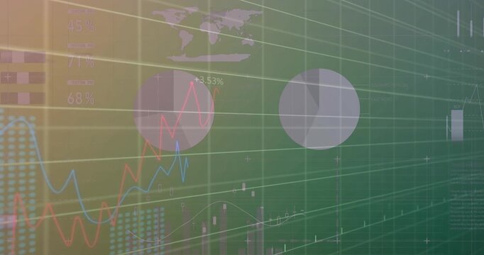 Animation of statistical data processing over grid network against green gradient background