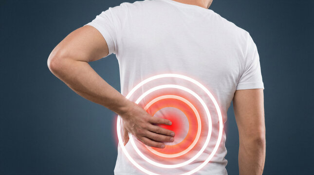 Rear view of a man in a white tshirt suffering from lower back pain, highlighted with red circles