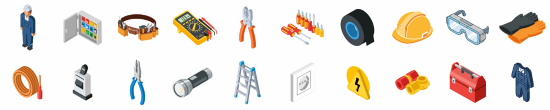 Comprehensive isometric icon set of electrician tools, safety equipment, and electrical components for maintenance and installation services.