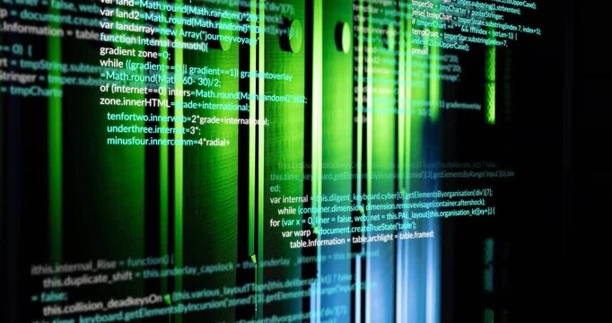 Animation of data processing against empty computer server room