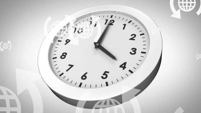 Animation of globes and arrows icons over clock