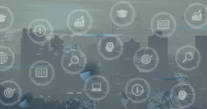 Animation of digital icons and data processing against aerial view of cityscape