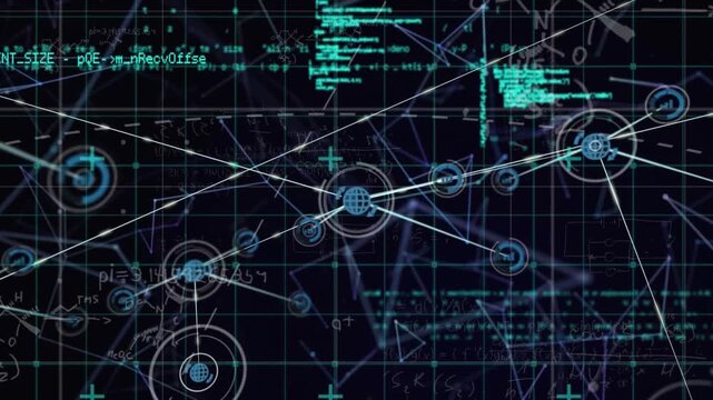Animation of network of connections with data processing over black background