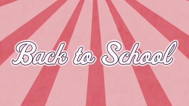 Animation of back to school text banner against radial rays in seamless pattern on pink background