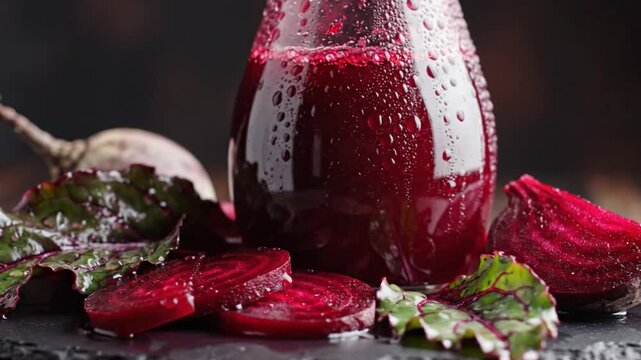 Beetroot juice with sliced beets and leaves.