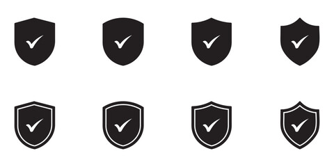 Shield icons with checkmarks. Shield checkmark icon set, security symbol vector. Shield icon and check mark icon indicating approval.