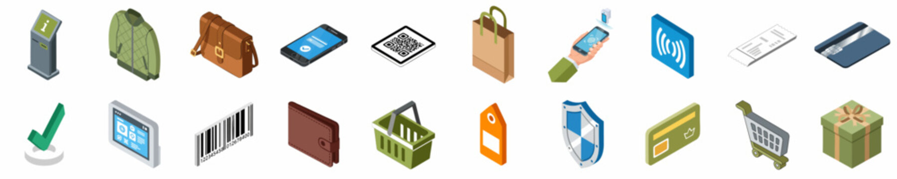 Set of 3D Isometric Shopping and Payment Icons Including Credit Cards, Barcodes, Smartphones, and Retail Items for E-commerce and Retail Design