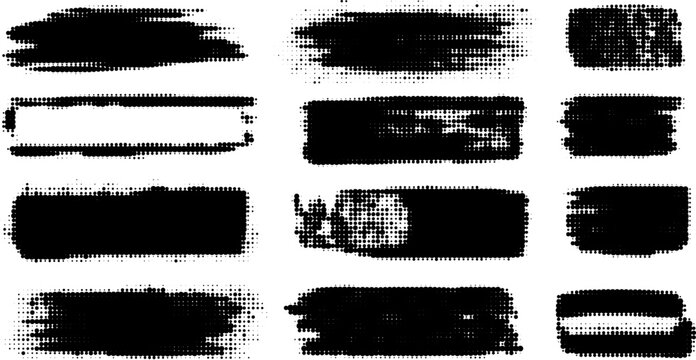 Grunge paint stripes and brayer print effects with merged black lines.
Thick rectangular callout stamps and chalk-style text boxes.