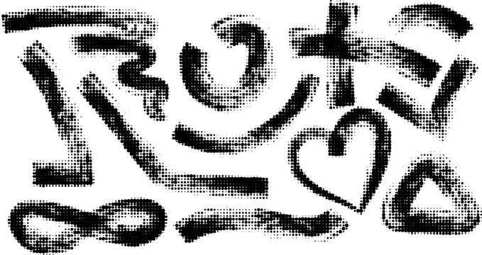 Grunge paint stripes and brayer print effects with merged black lines.
Thick rectangular callout stamps and chalk-style text boxes.