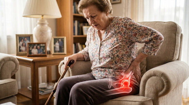 Elderly woman sitting in a chair suffering from chronic hip pain with a highlighted joint illustration