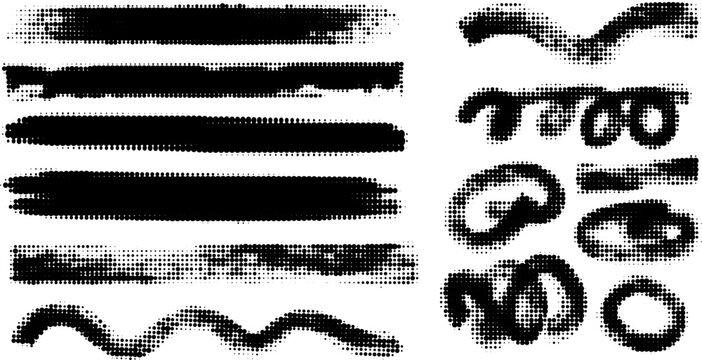 Grunge paint stripes and brayer print effects with merged black lines.
Thick rectangular callout stamps and chalk-style text boxes.