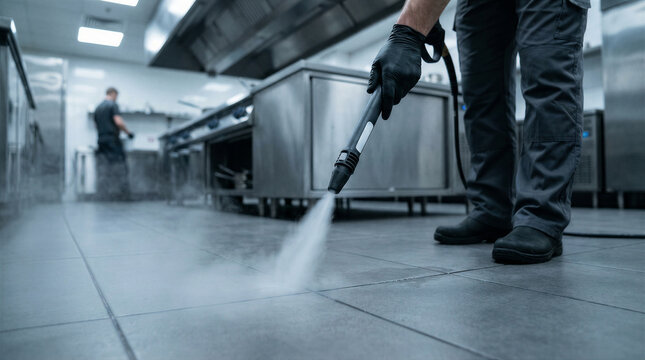Professional cleaner using a steam pressure washer to sanitize the floor in a commercial kitchen