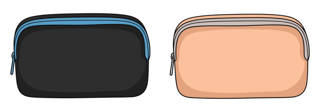 Two cosmetic pouches displayed, one black and one peach, both with zippers, minimal line art vector collection for makeup bags