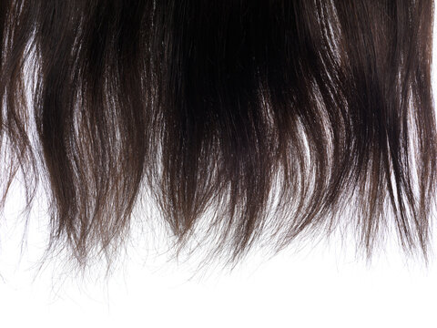 Dark brown hair extensions strands isolated texture on white background
