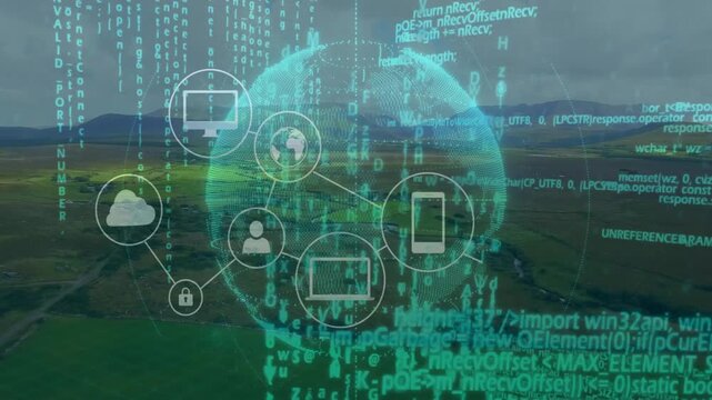 3D holographic globe network overlay gliding over farmland, featuring tech icons and floating code
