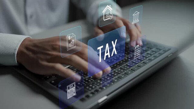 Business tax management concept. Person using laptop with tax report and accounting icons, tax planning, financial reporting and regulatory compliance.
