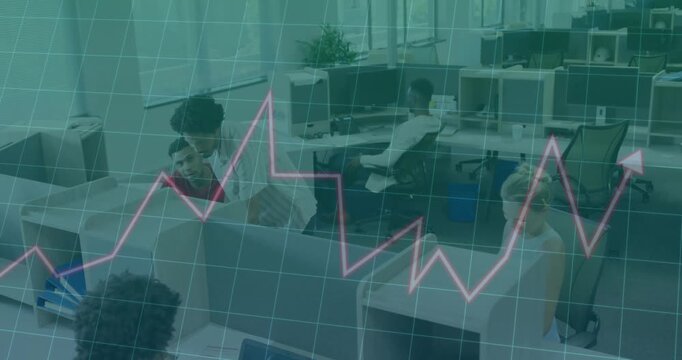 Office coworker leaning over monitor collaborating on data with grid and pink line graph overlaying