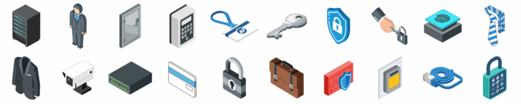 Comprehensive collection of isometric icons representing business, security, technology, and corporate identity on a clean white background.