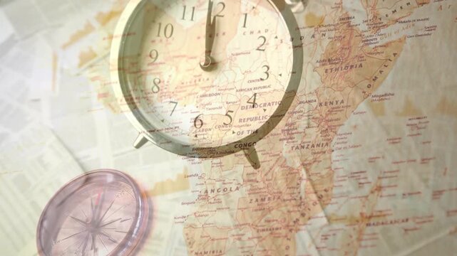 On start twin-bell alarm clock entering frame, tilting, hands advancing, map blending for planning
