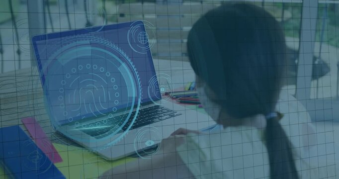Female student leaning at laptop, DATA PROTECTION initiating HUD rings forming fingerprint icon