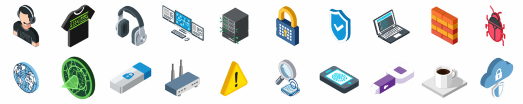 Isometric Cybersecurity and Information Technology Icon Set Featuring Network Security, Data Protection, and Computing Hardware Elements