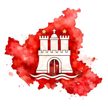 Watercolor ink illustration of Hamburg map outline with stylized white castle coat of arms on red background, featuring towers and heraldic elements, soft texture and artistic splashes.
