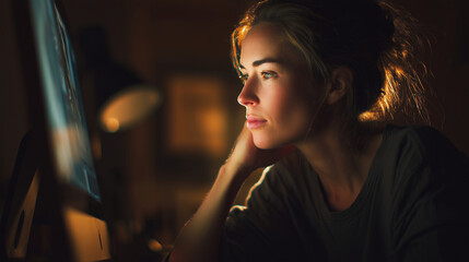 Fototapeta premium Woman editing photos on computer, photorealistic, realistic posture, soft light, copy space, creative workflow concept