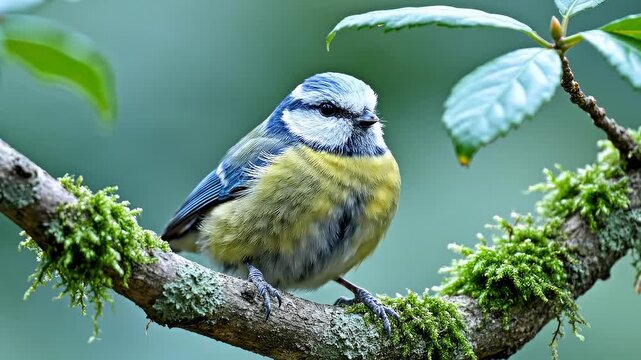 Close-Up of a Blue Tit Bird Perched on a Mossy Branch in Nature
