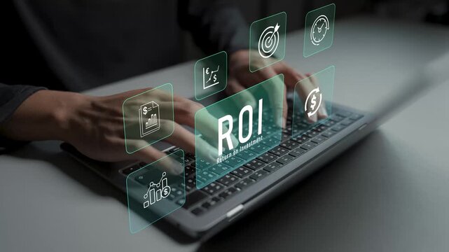ROI return on investment concept. Person using laptop with financial growth and analytics icons, profit measurement, investment performance and business strategy.