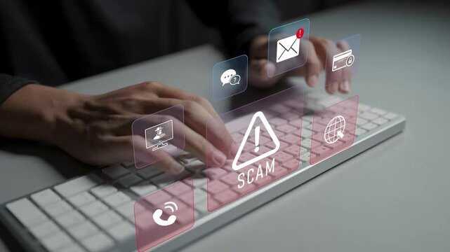 Scam and online fraud concept. Person typing keyboard with warning and cybersecurity icons, phishing attack, fraud detection and digital security awareness.