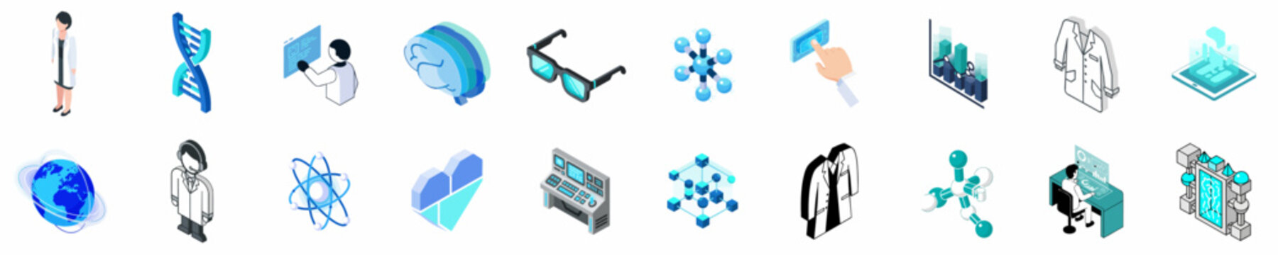 Isometric Science and Medical Research Icons Set featuring Laboratory Equipment, Scientists, Data Visualization, and Molecular Structures for Modern Healthcare and Biotech Concepts.