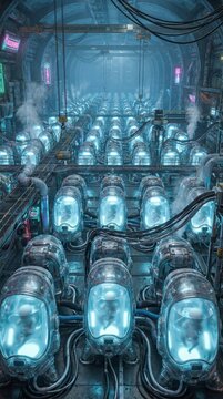 Clones developing inside glowing cryogenic pods in a vast, dark, underground science fiction facility