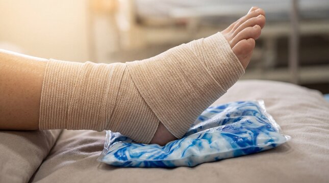 Foot wrapped in a compression bandage resting on a blue ice pack, injury recovery, physical therapy, medical care.
