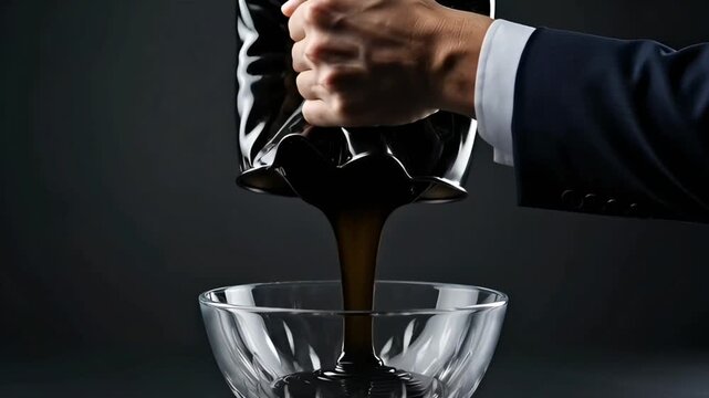 male hands in business suit squeezing soft black canister pouring oil into glass bowl resource extraction concept businessman raw material energy investment and market control