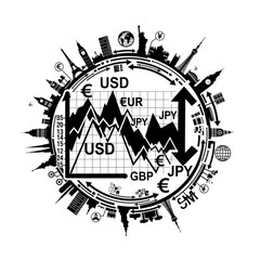 Obraz premium Black silhouette illustration of global finance and economy with currency symbols and city skylines.