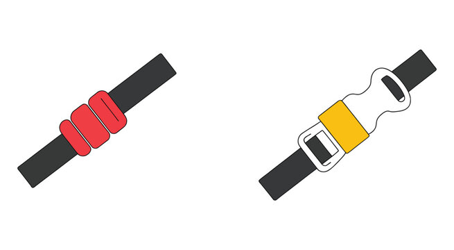 wo seatbelt buckles, one red and one yellow, displayed on a white background, minimal line art vector collection for car safety icons