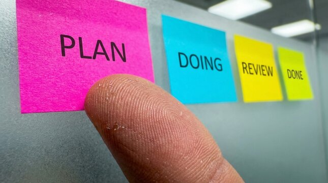 A finger pointing to a "PLAN" sticky note, symbolizing the critical first step in a project management workflow, with "DOING", "REVIEW", and "DONE" phases visible beyond