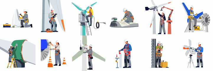 Fototapeta premium Collection of professional technicians and engineers performing maintenance and inspections on wind turbines in the renewable energy industry.