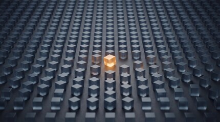 Fototapeta premium Bright cube differentiating from a uniform group of grey blocks, symbolizing individuality, leadership, and uniqueness